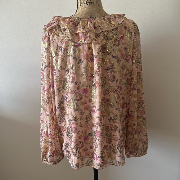 LOFT Shimmer Floral Ruffle Tie Neck Blouse - Picture 6 of 8